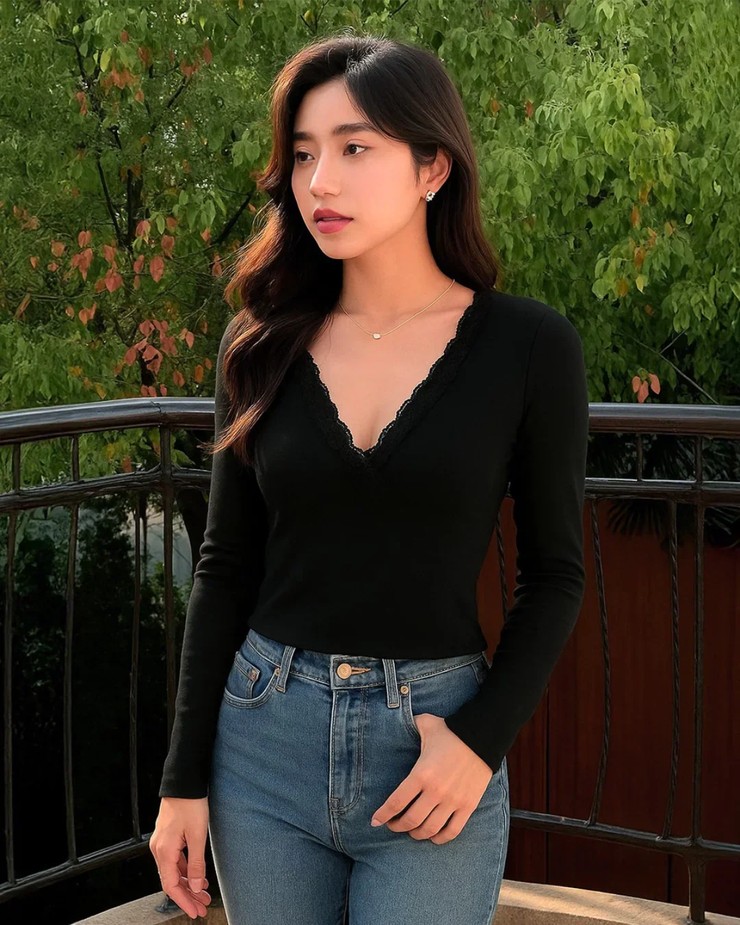 Solid V Neck Long Sleeve Lace Top - Image 2