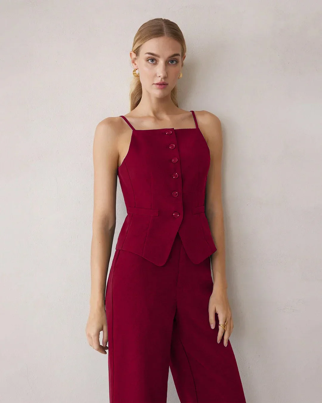 Spaghetti Strap Button Top & Straight-Leg Trouser Matching Set in Burgundy - Image 2