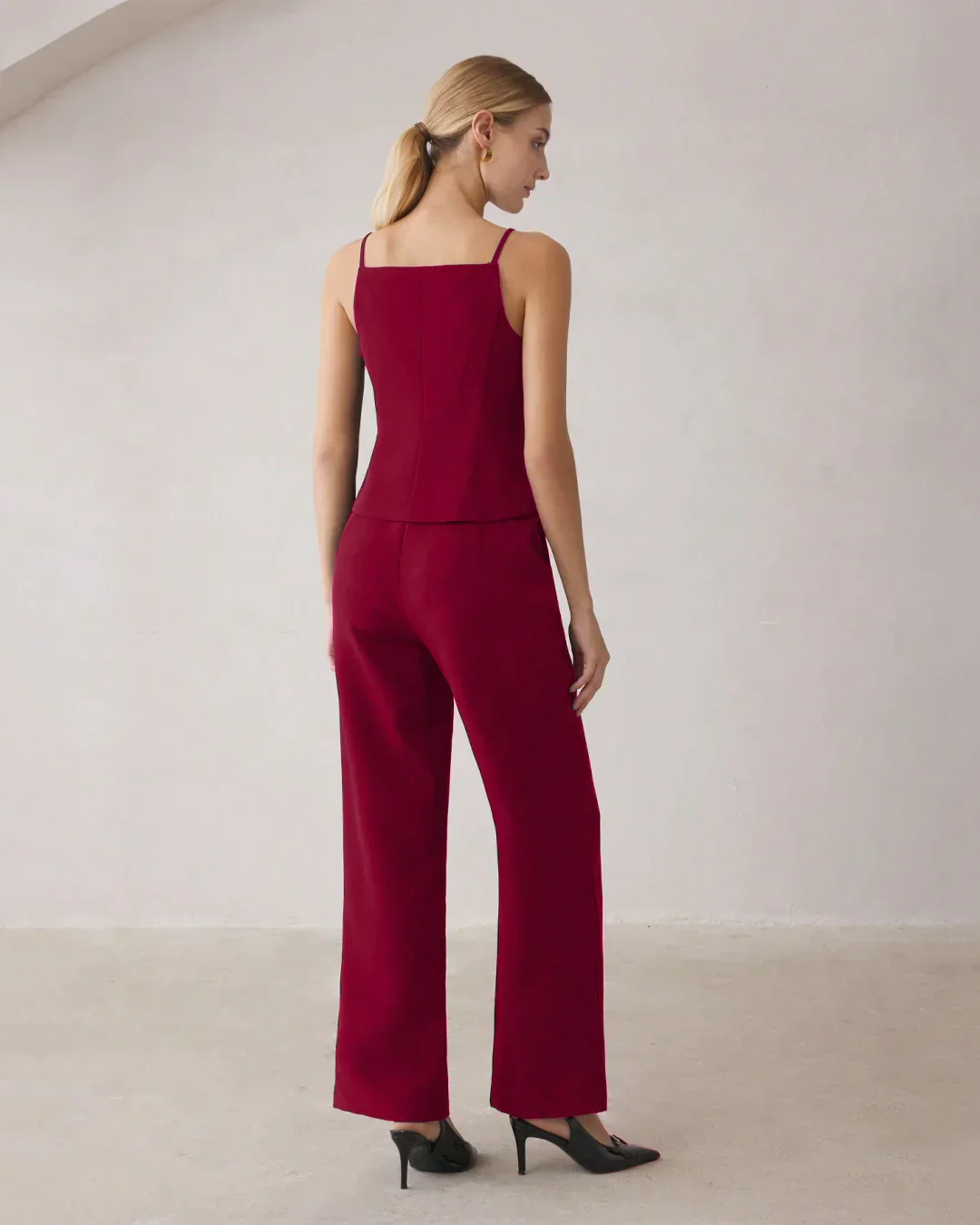 Spaghetti Strap Button Top & Straight-Leg Trouser Matching Set in Burgundy - Image 3