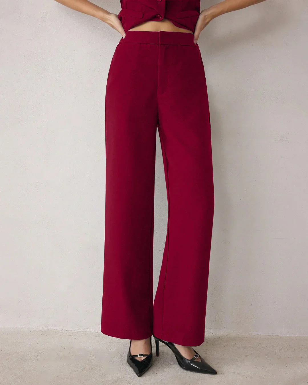 Spaghetti Strap Button Top & Straight-Leg Trouser Matching Set in Burgundy - Image 4