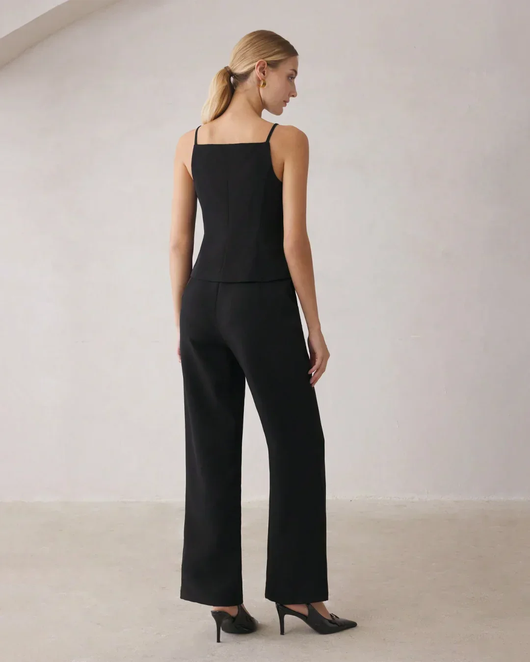 Spaghetti Strap Button Top & Straight-Leg Trousers Matching Set in Black - Image 2