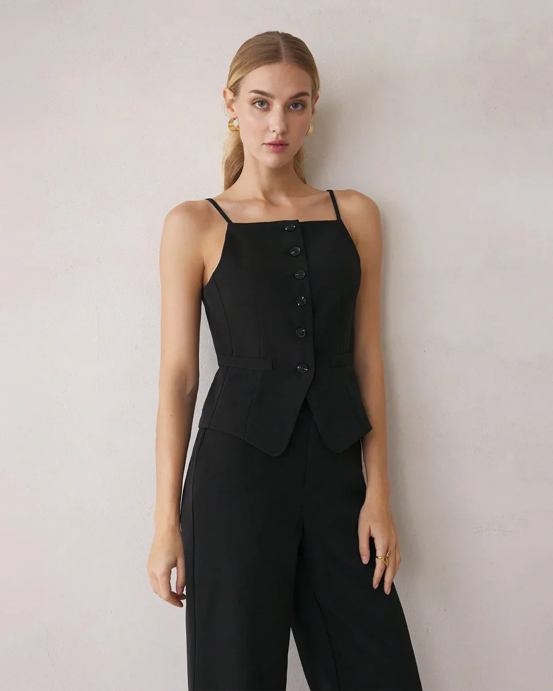 Spaghetti Strap Button Top & Straight-Leg Trousers Matching Set in Black - Image 3