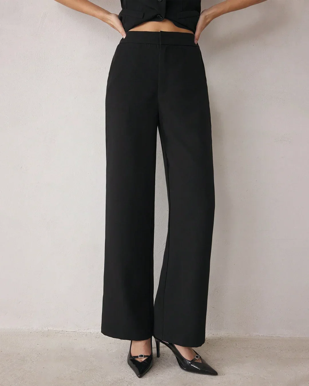 Spaghetti Strap Button Top & Straight-Leg Trousers Matching Set in Black - Image 4