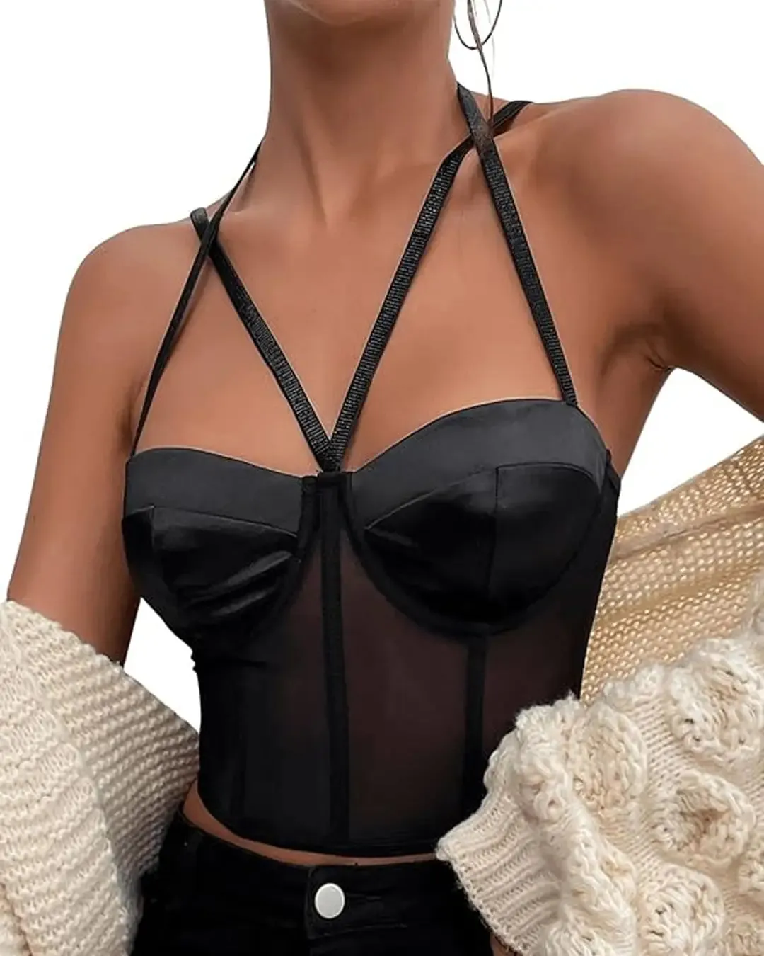 Spaghetti Strap Criss Cross Bustier Sheer Mesh Halter Cami Tops - Image 2