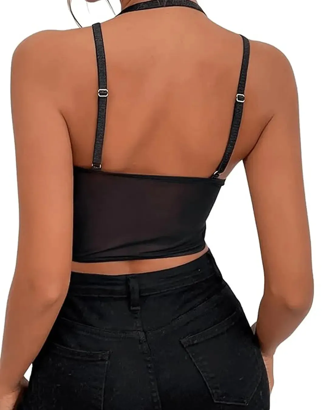 Spaghetti Strap Criss Cross Bustier Sheer Mesh Halter Cami Tops - Image 3