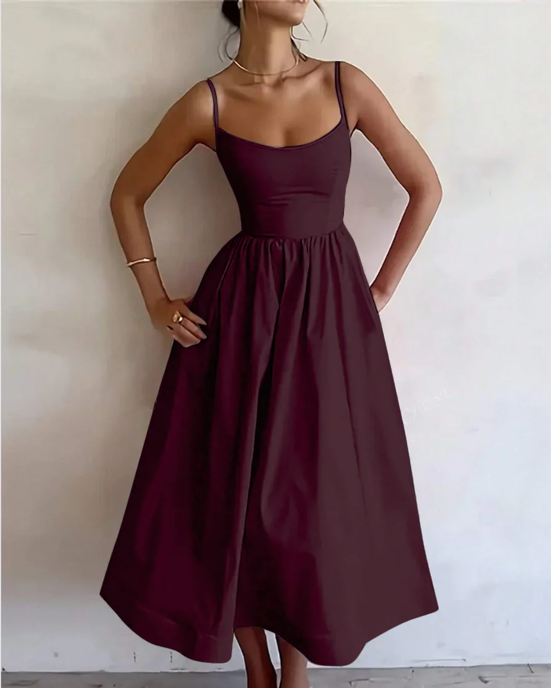 Spaghetti Strap Fit & Flare Sleeveless Midi Dress in Burgundy - Image 3