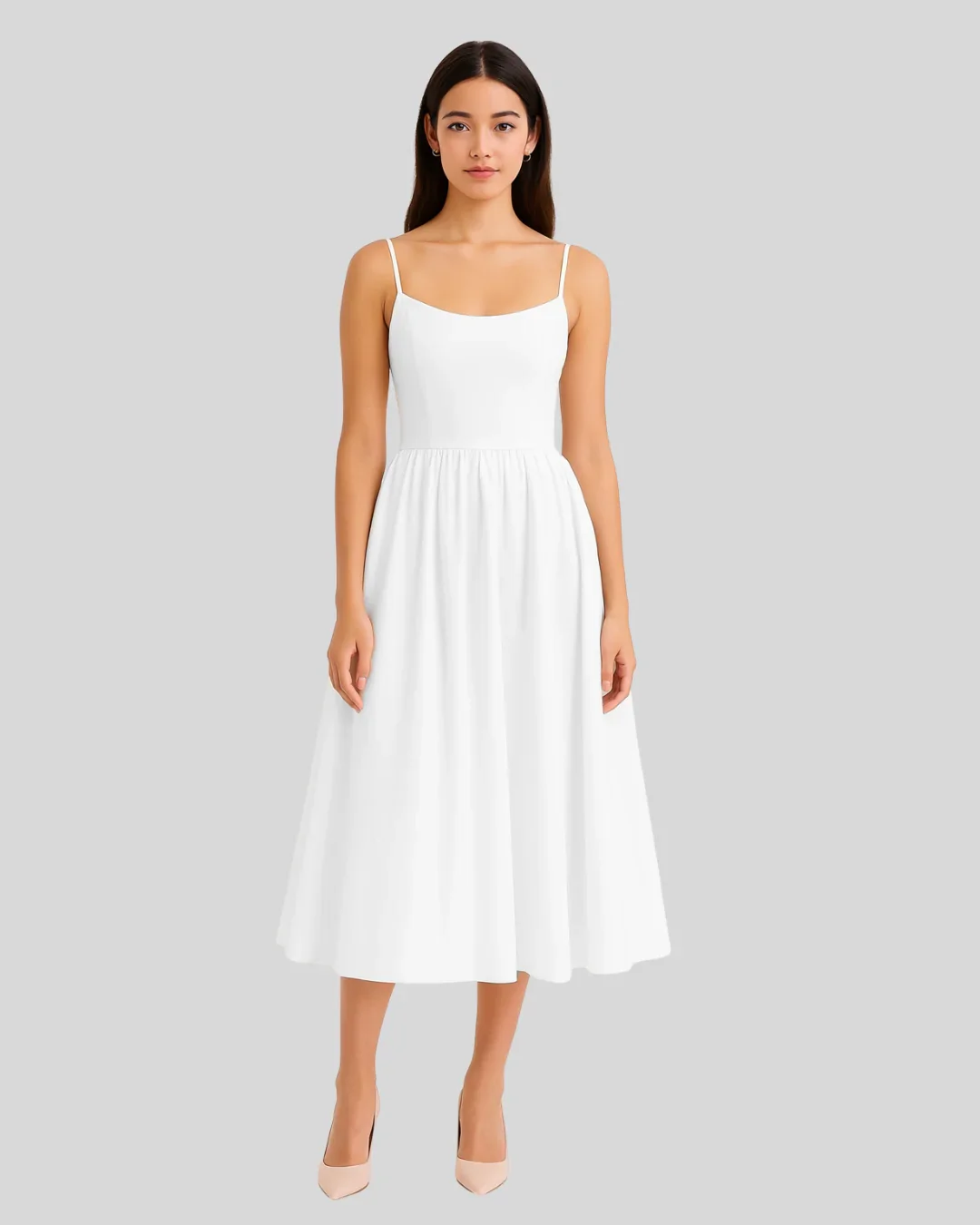Spaghetti Strap Fit & Flare Sleeveless Midi Dress in White - Image 3