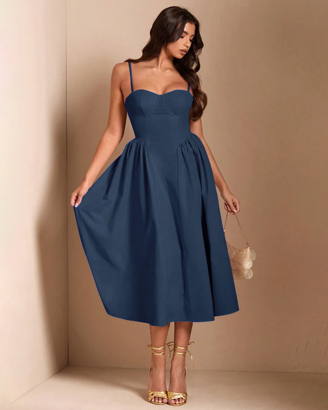Spaghetti Strap Maxi Flare Dress in Navy Blue - Image 3