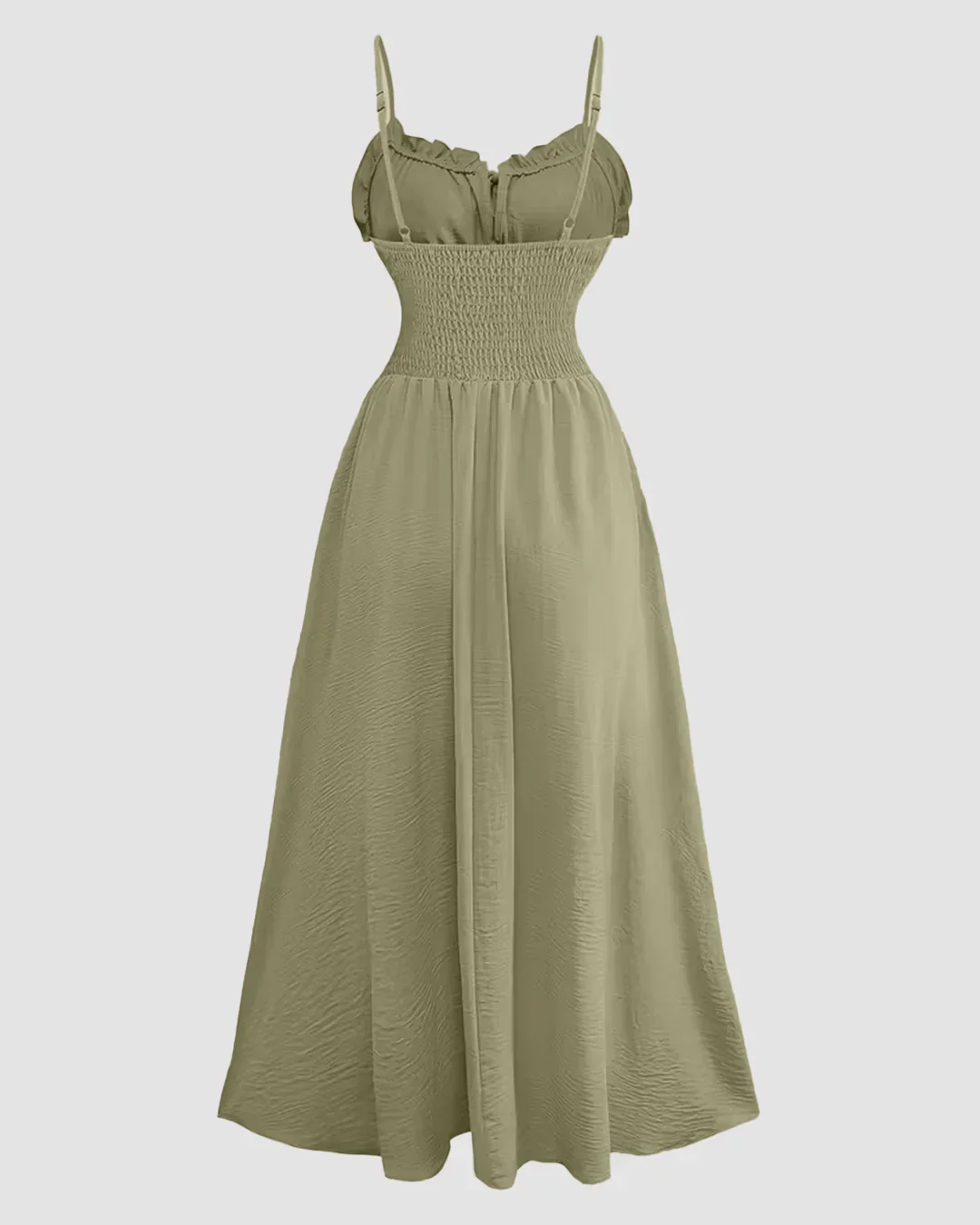 Spaghetti Strap Ruched Bust A-Line Maxi Dress in Herbal - Image 2