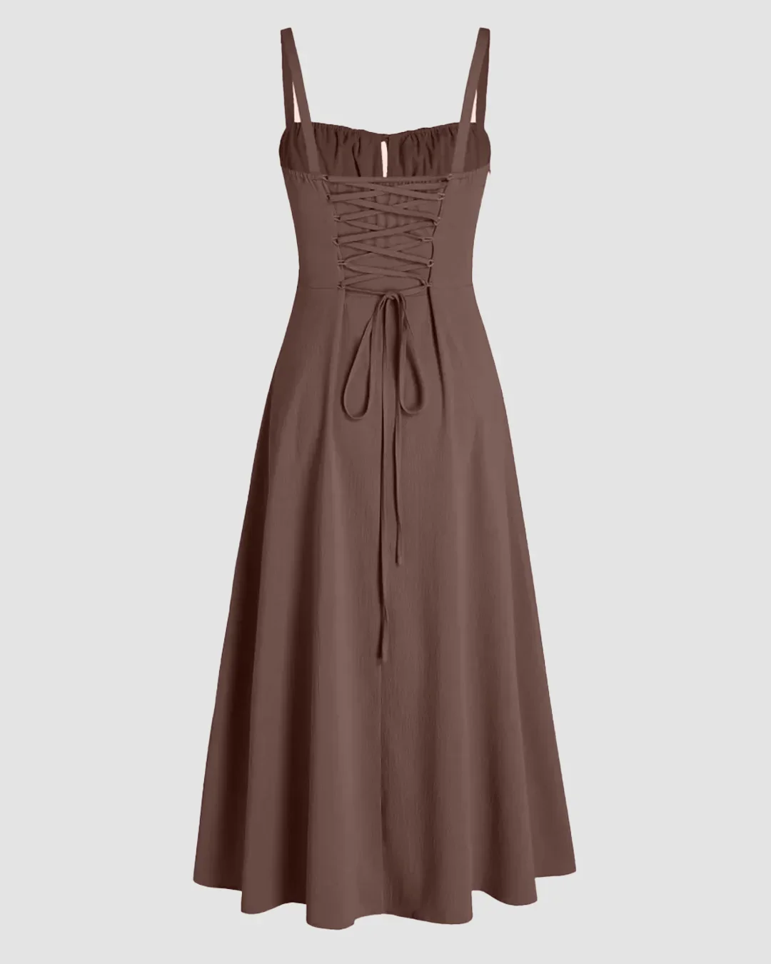 Spaghetti Strap Ruched Bust Slit Midi Dress in Coco - Image 2