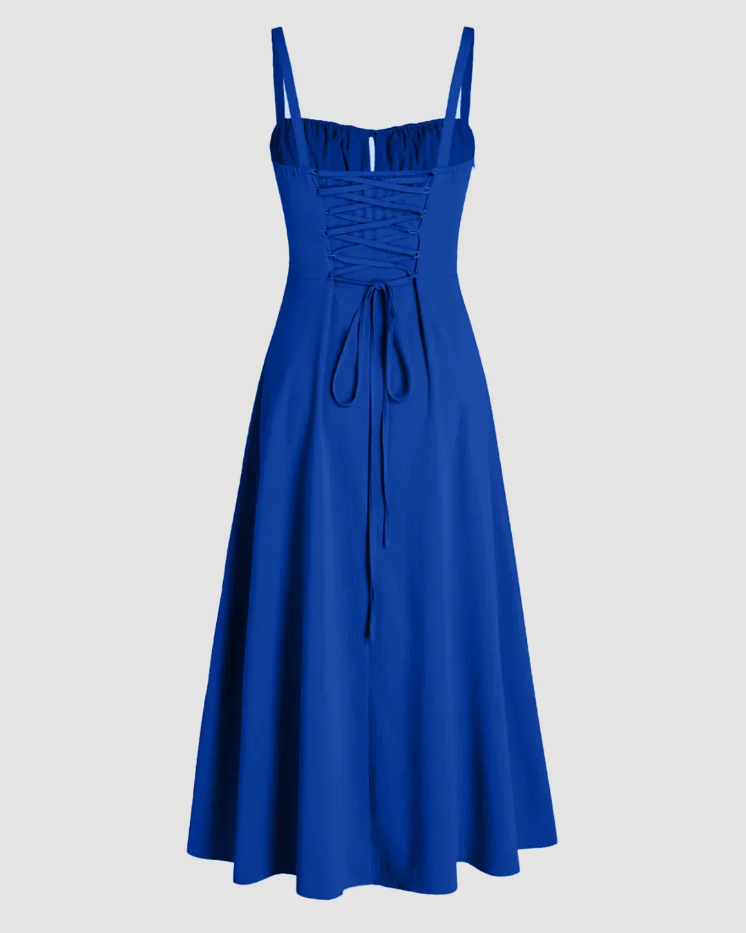 Spaghetti Strap Ruched Bust Slit Midi Dress in Royal Blue - Image 2