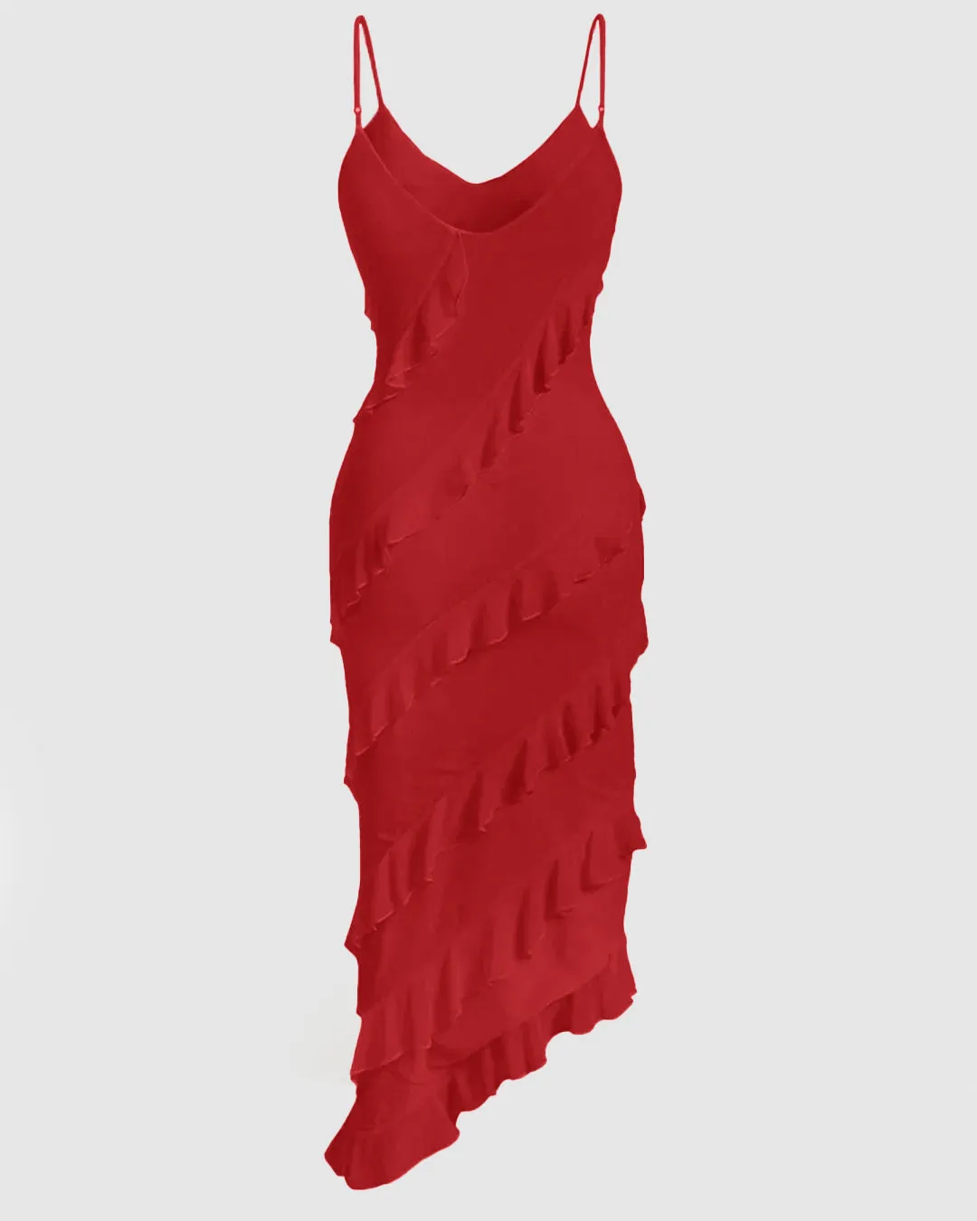 Spaghetti Strap Ruffle Trim Asymmetrical Red Cami Dress - Image 2