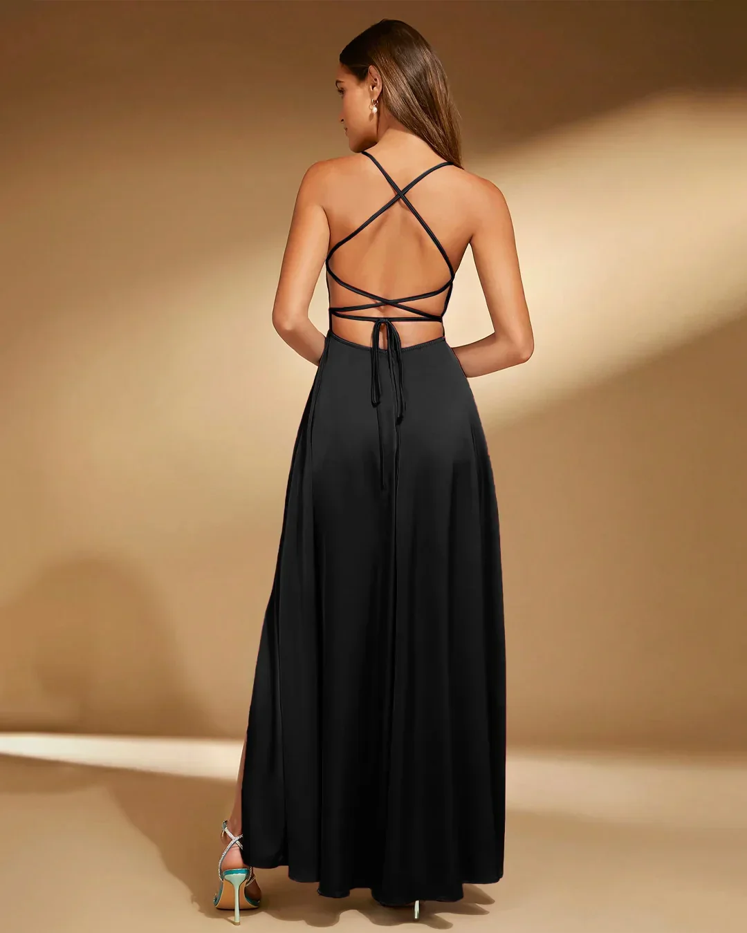 Spaghetti Strap Square Neck A-Line Slit Maxi Dress in Black - Image 2