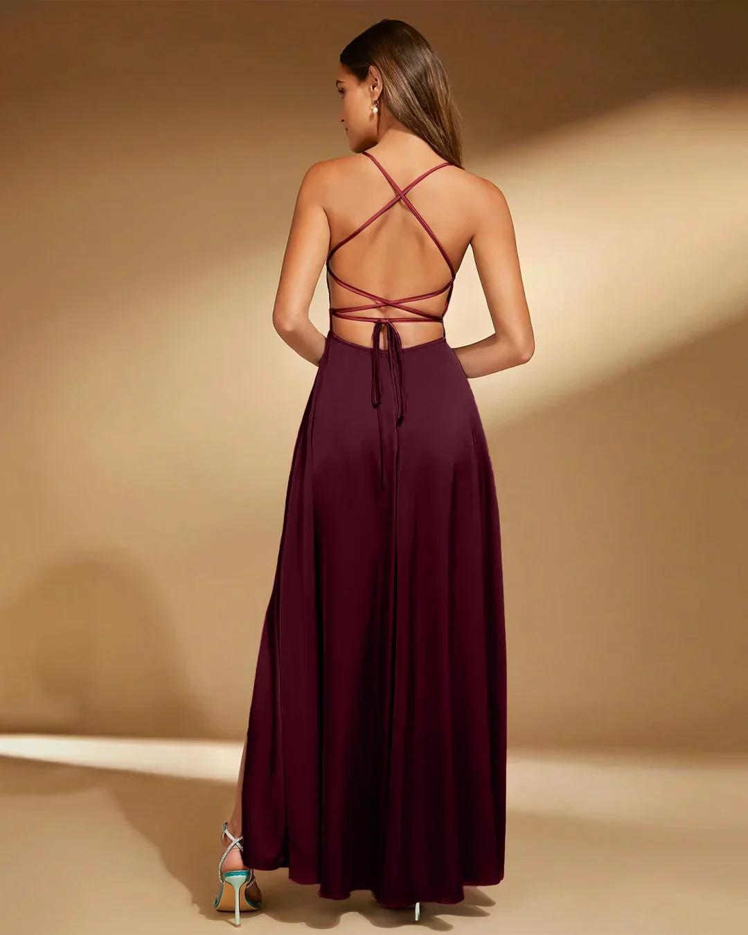 Spaghetti Strap Square Neck A-Line Slit Maxi Dress in Maroon - Image 2