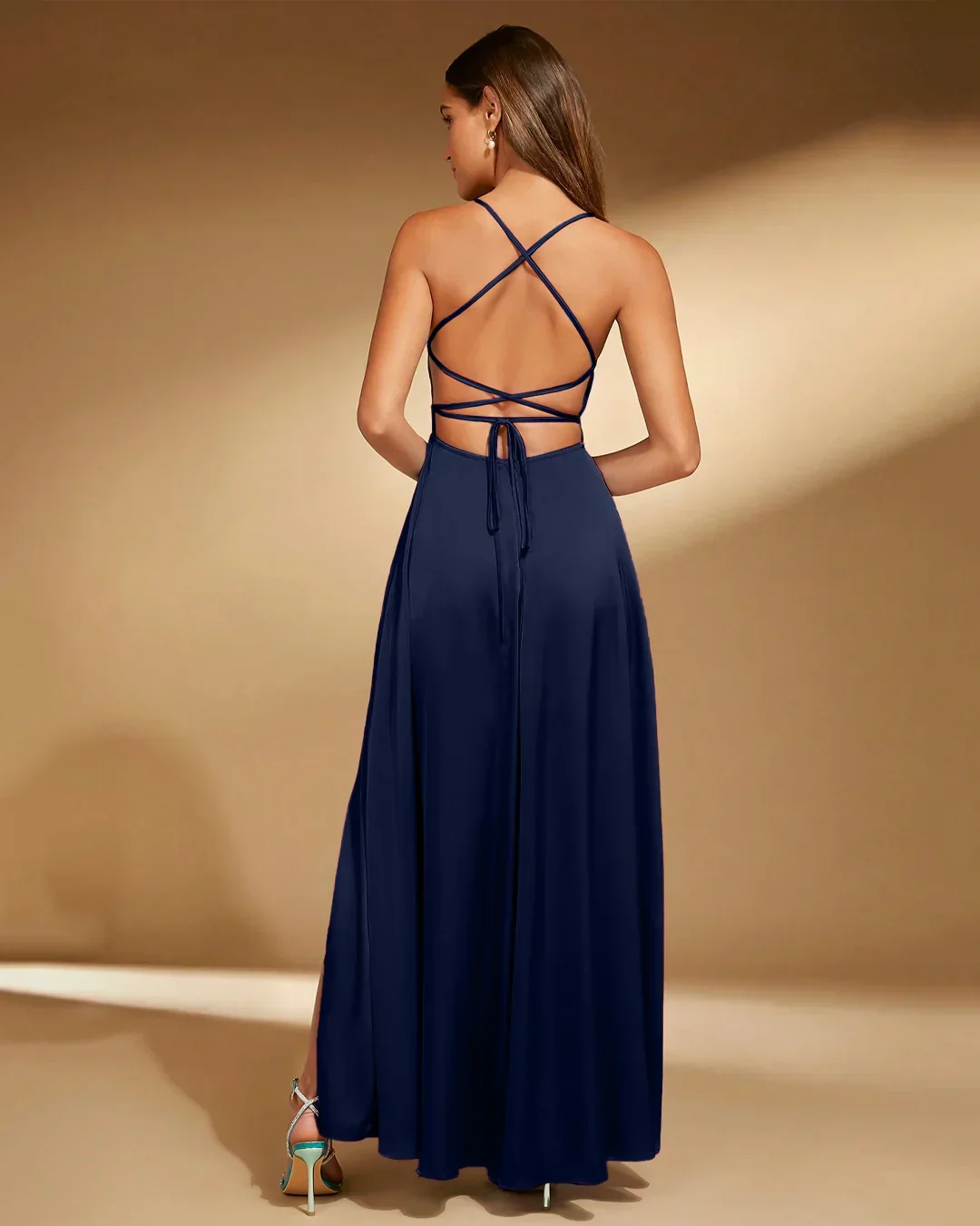 Spaghetti Strap Square Neck A-Line Slit Maxi Dress in Navy Blue - Image 2