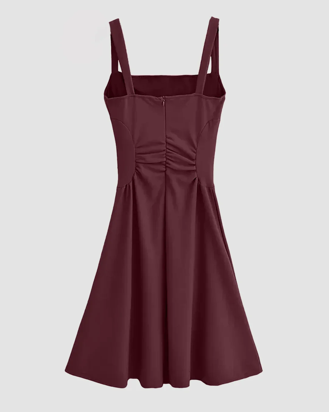 Spaghetti Strap Square-Neck Plain Ruched Midi Dress in Maroon - Image 2