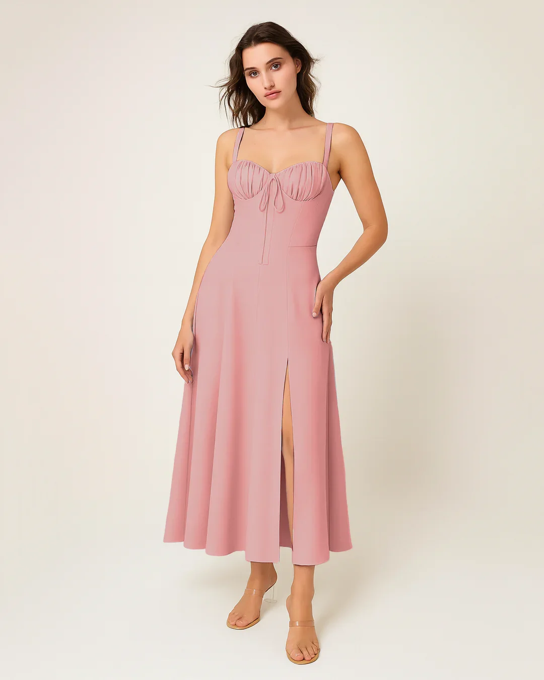 Spaghetti Strap Sweetheart Slit Midi Dress in Pink - Image 3