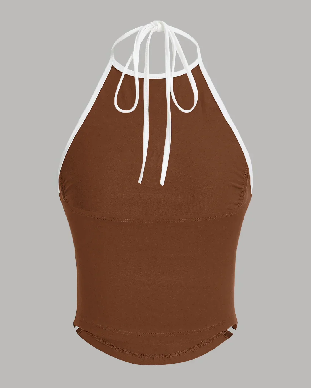 Sporty Ruched Halter Neck Racerback Top in Burnt Orange with Black & White - Image 2