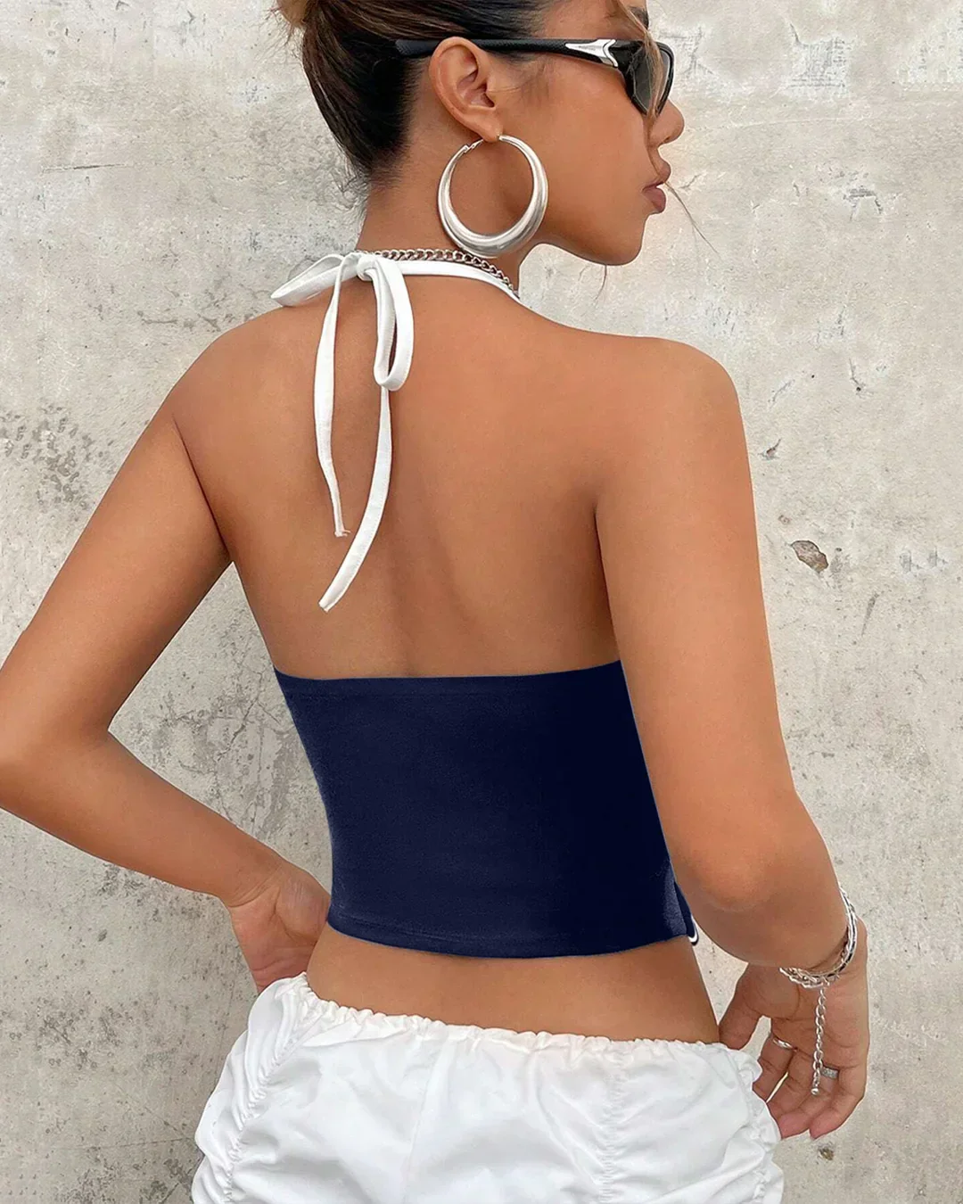 Sporty Ruched Halter Neck Racerback Top in Navy Blue & White - Image 6
