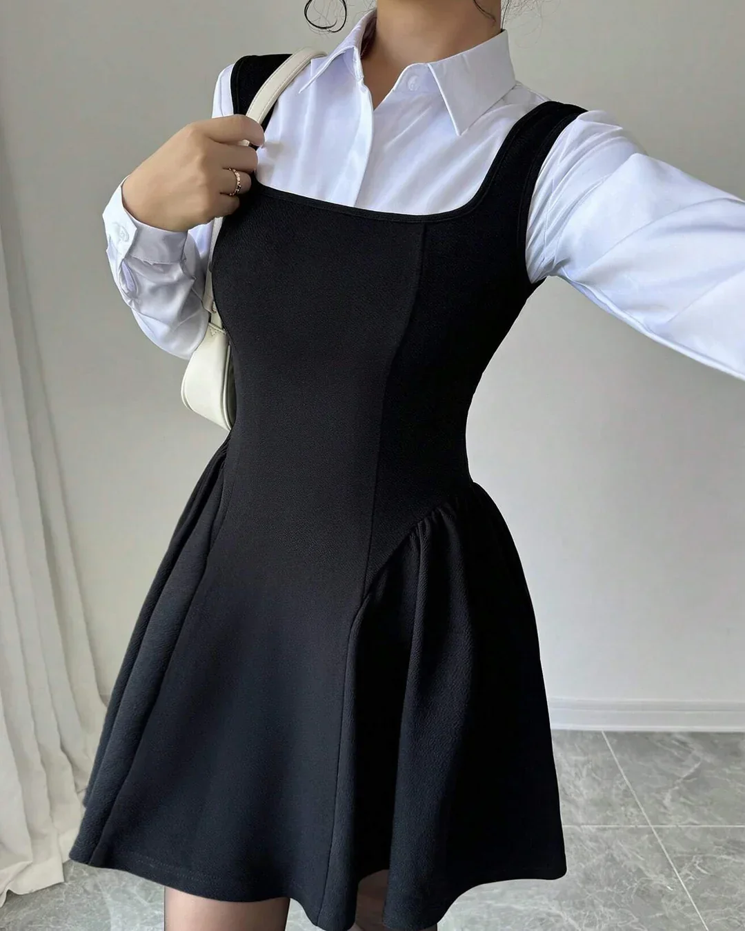 Square Neck A-Line Ruched Hem Mini Dress Set in Black with White Collared Shirt - Image 2