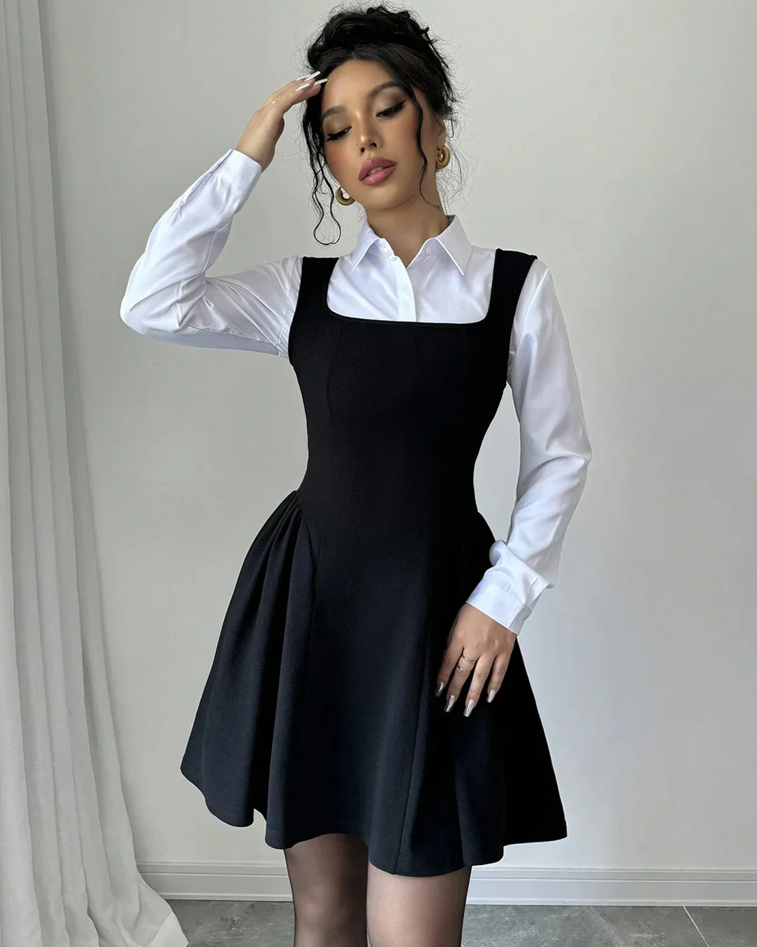 Square Neck A-Line Ruched Hem Mini Dress Set in Black with White Collared Shirt - Image 3