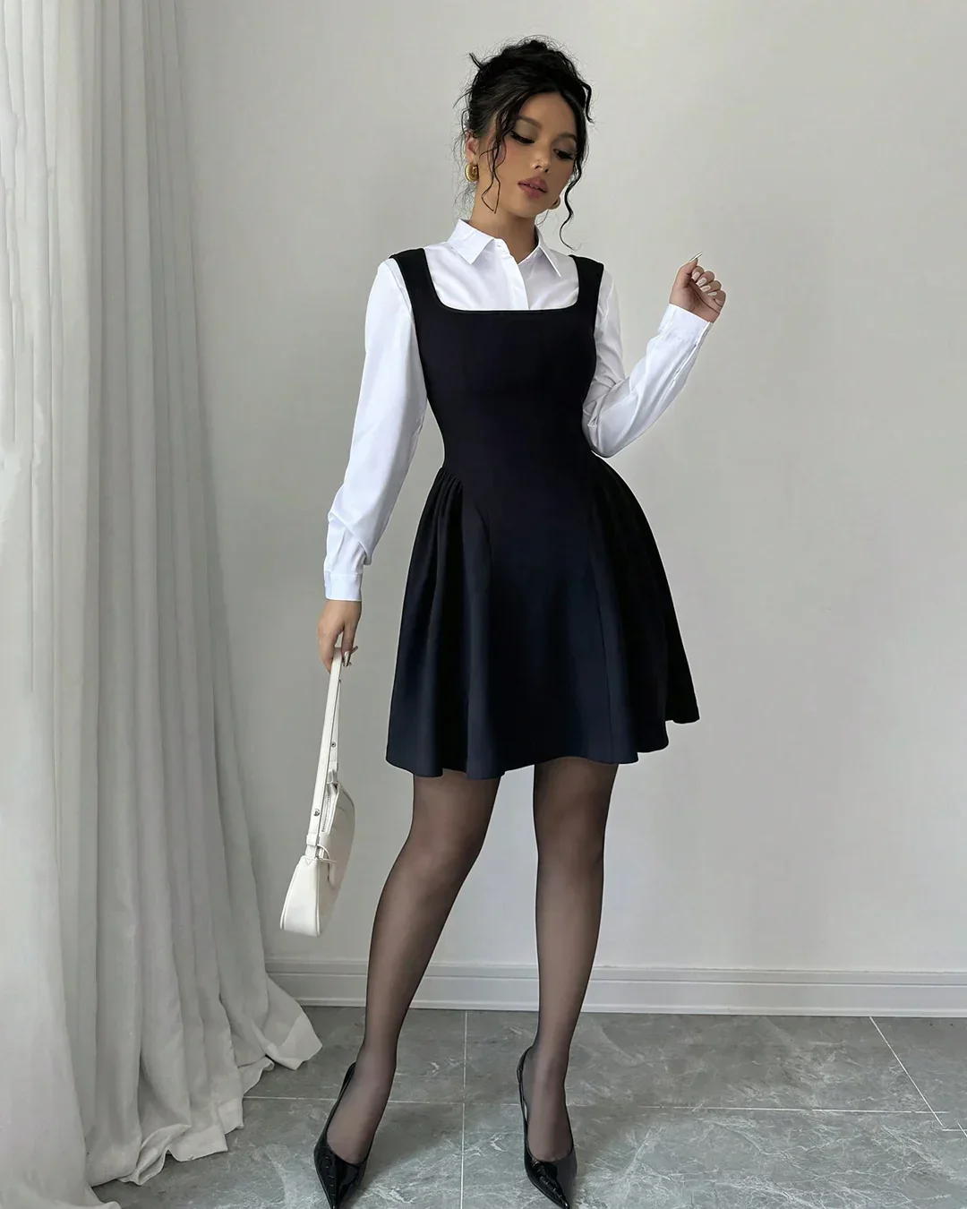 Square Neck A-Line Ruched Hem Mini Dress Set in Black with White Collared Shirt - Image 4