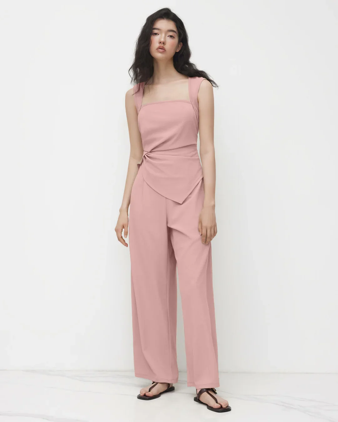 Square Neck Asymmetrical Hem Ruched Jumpsuit in Rose - Image 3