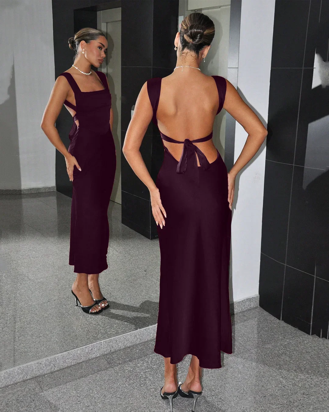 Square Neck Backless Satin Maxi Dress in Maroon - Image 2