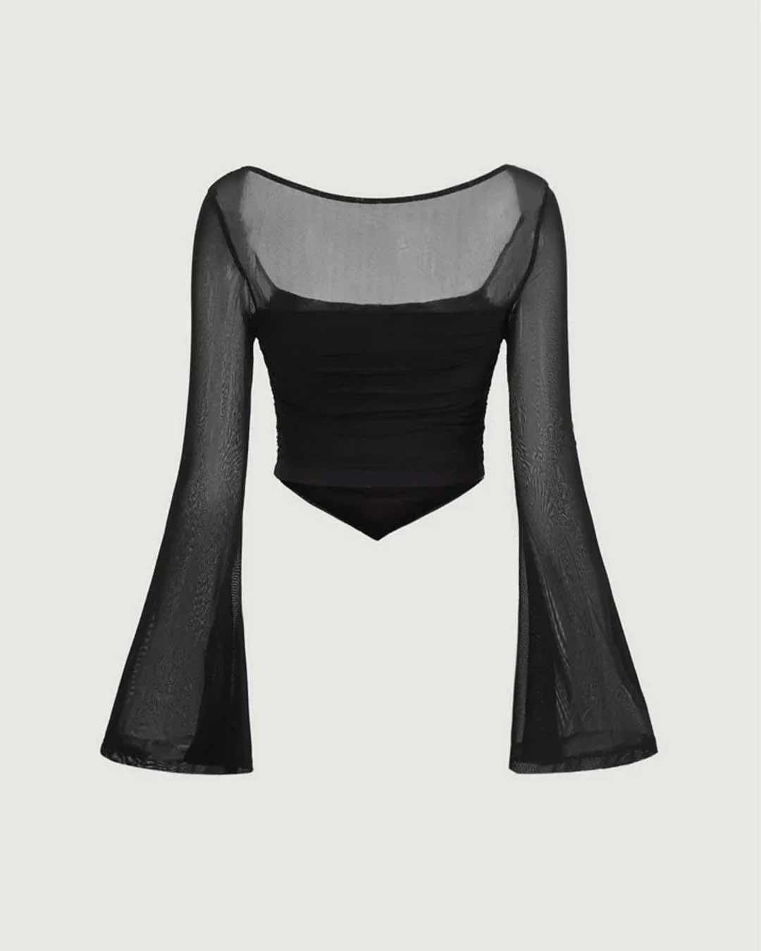 Square Neck Bell Sleeve Asymmetrical Sheer Mesh Black Crop Top - Image 2
