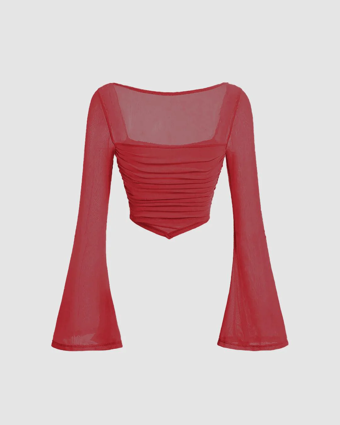 Square Neck Bell Sleeve Asymmetrical Sheer Mesh Red Crop Top - Image 2