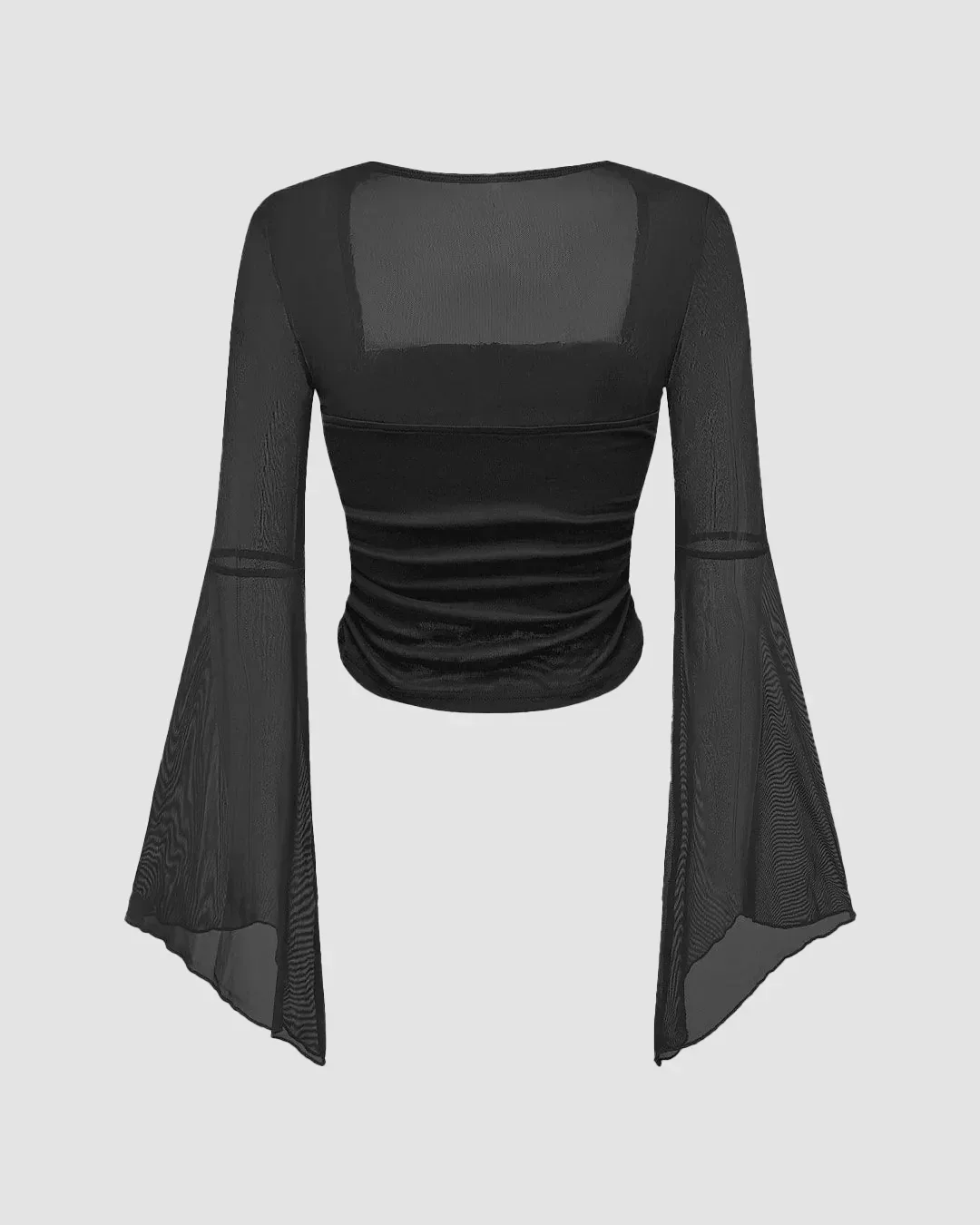 Square Neck Bow Decorated Long Sleeve Black Top - Image 2