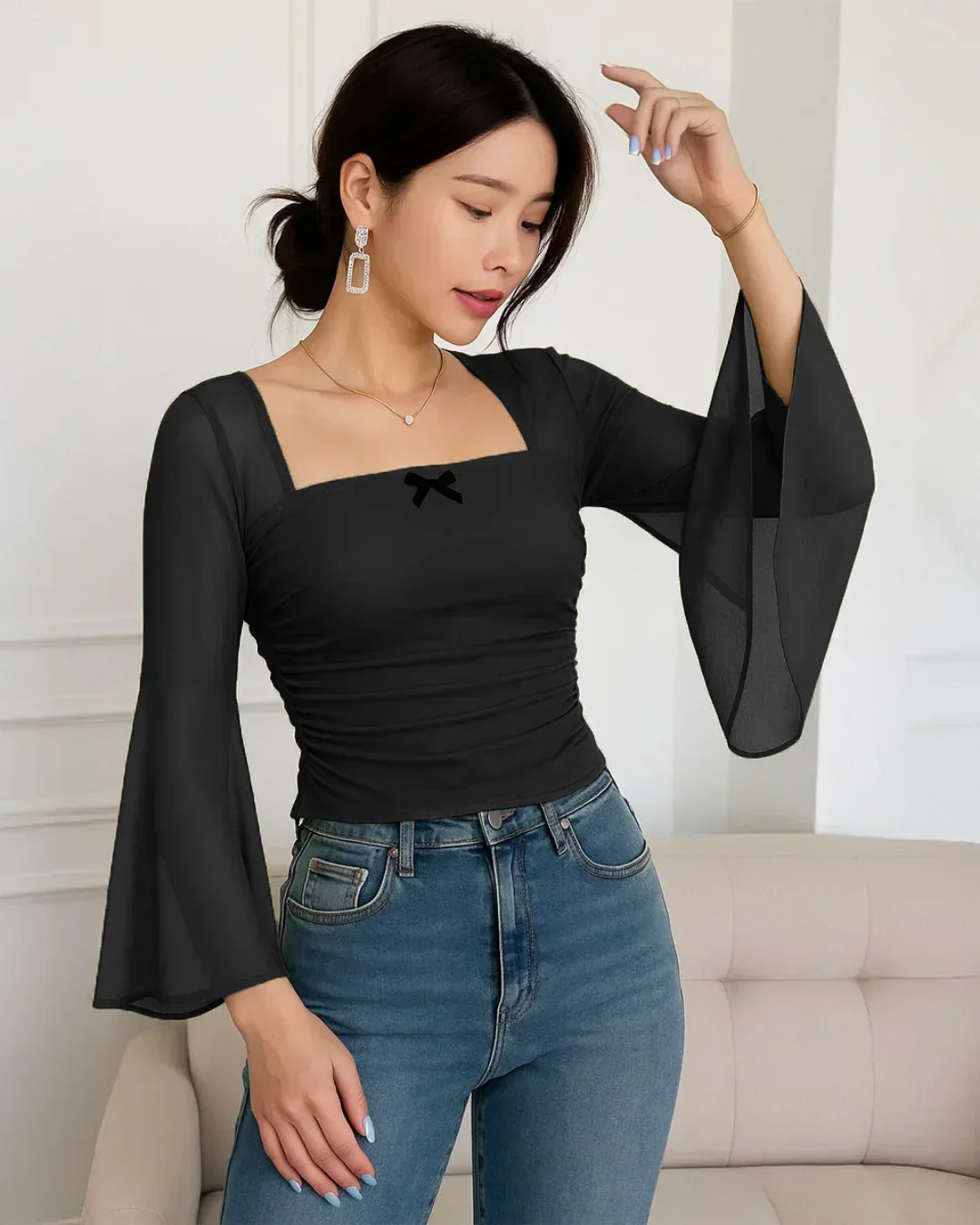 Square Neck Bow Decorated Long Sleeve Black Top - Image 3