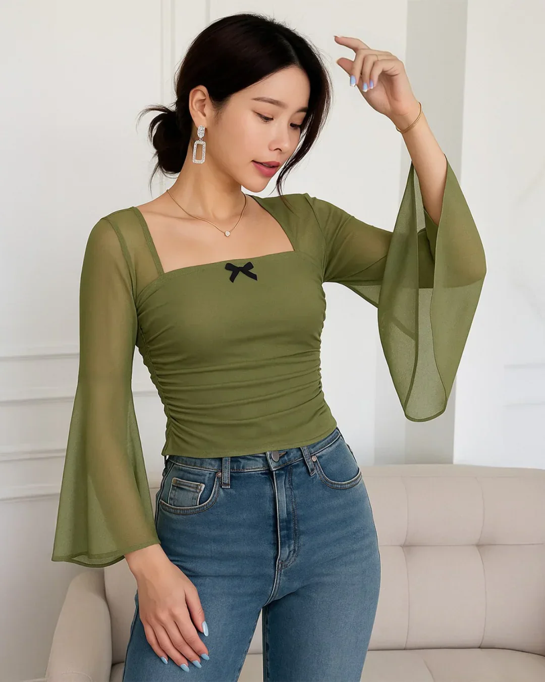Square Neck Bow Decorated Long Sleeve Green Top - Image 2
