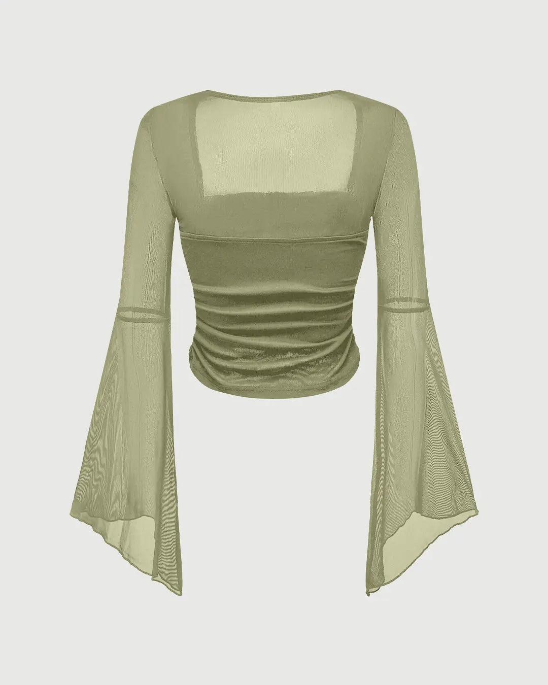 Square Neck Bow Decorated Long Sleeve Green Top - Image 3
