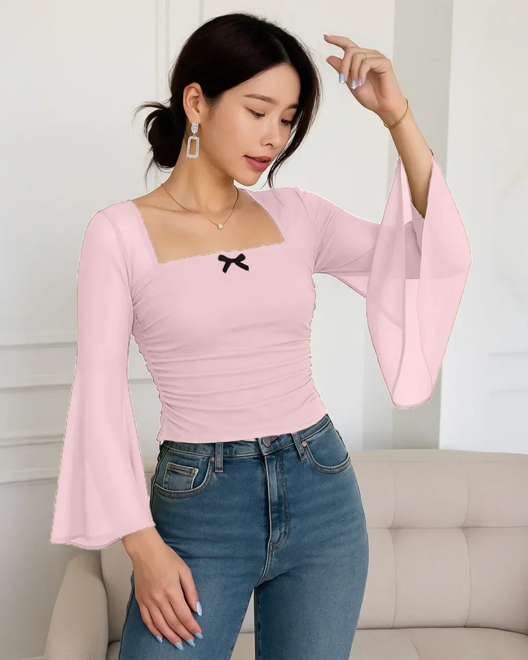 Square Neck Bow Decorated Long Sleeve Light Pink Top - Image 2