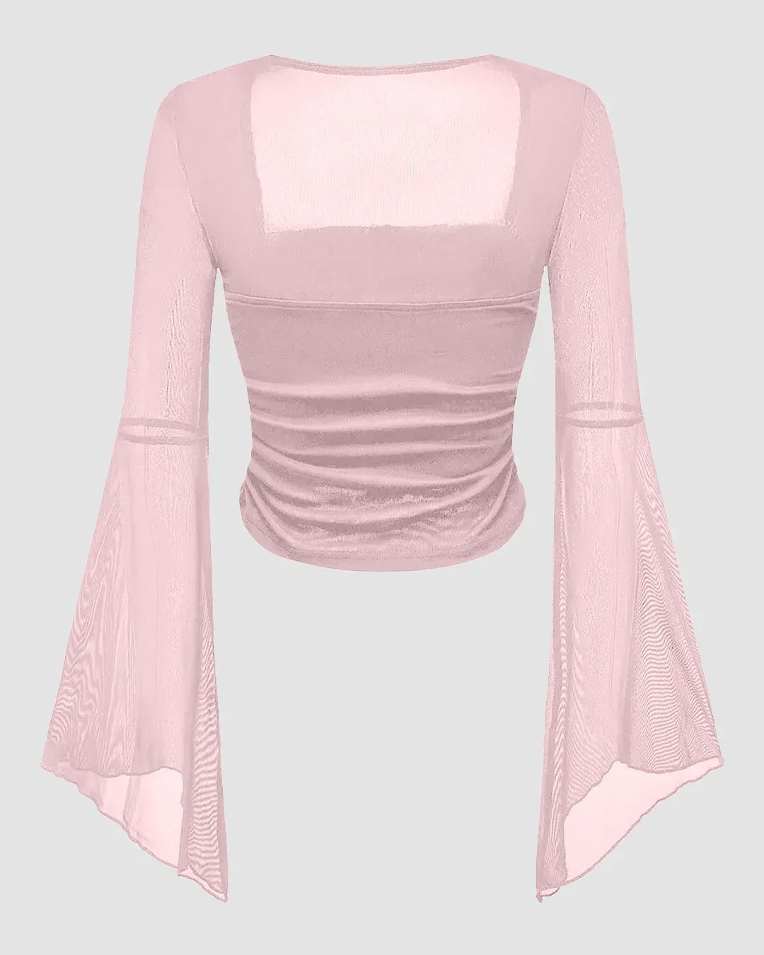 Square Neck Bow Decorated Long Sleeve Light Pink Top - Image 3