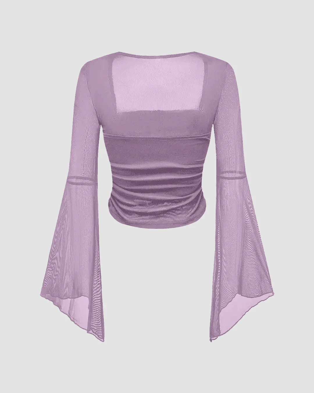 Square Neck Ruched Mesh Flared Long Sleeve Top in Purple - Image 2