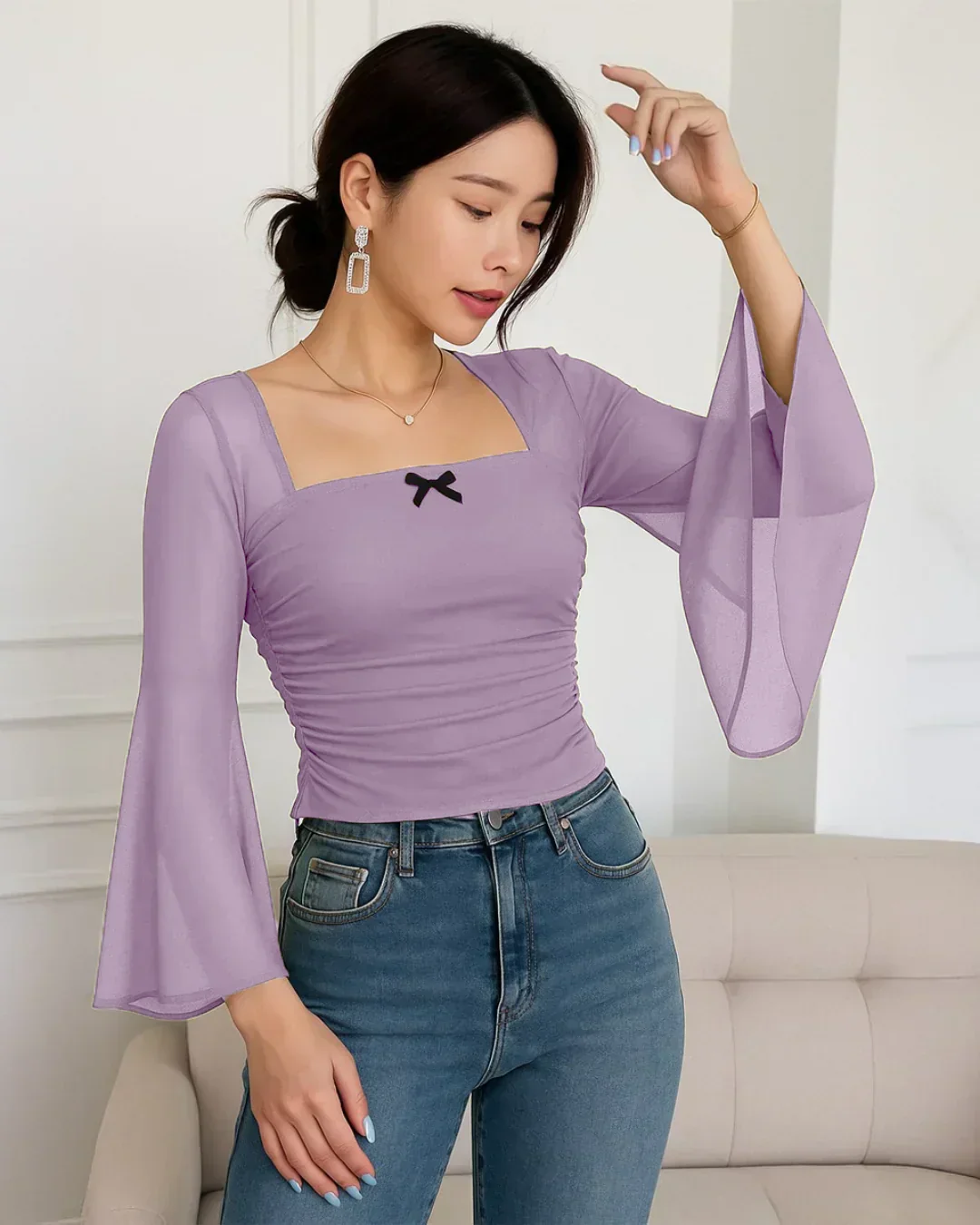 Square Neck Ruched Mesh Flared Long Sleeve Top in Purple - Image 3