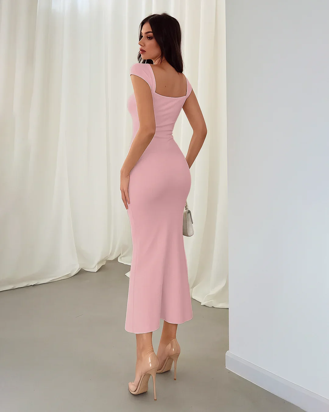 Square Neck Cap Sleeve Bodycon Midi Dress in Dusty Pink - Image 2