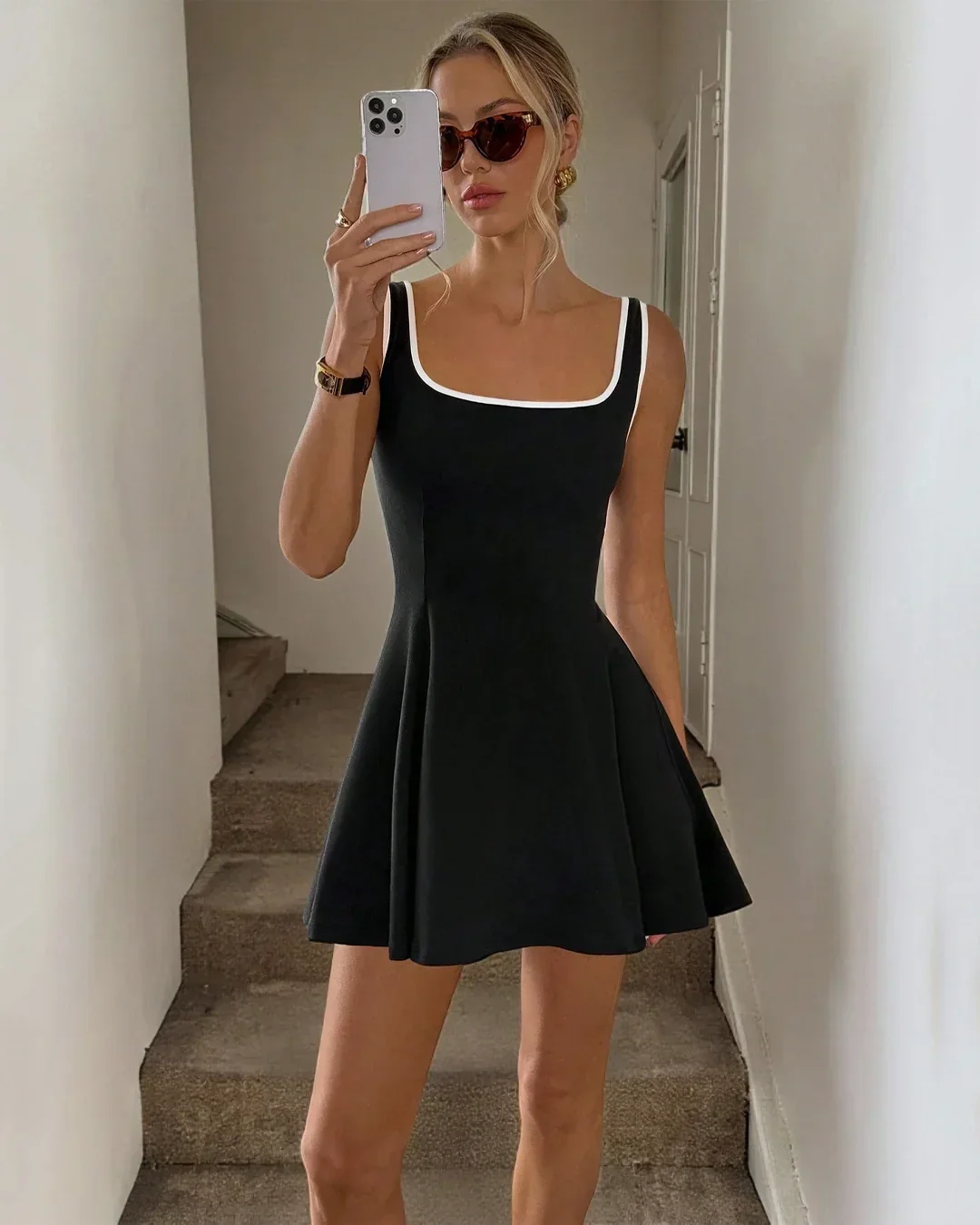 Square Neck Contrast Trim Fit & Flare A-Line Mini Dress - Image 2