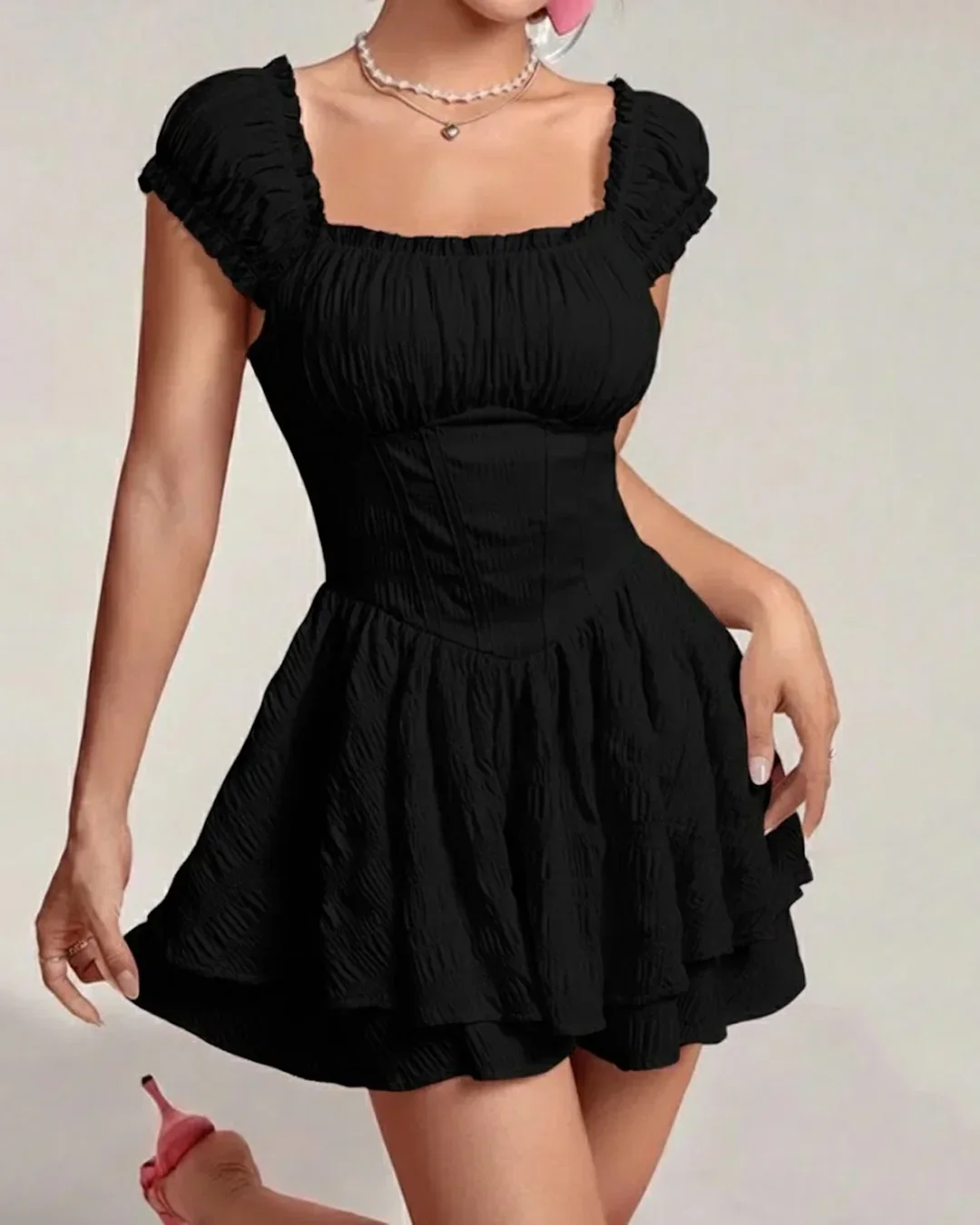 Square Neck Double Layer Short Sleeve Dress In Black - Image 2