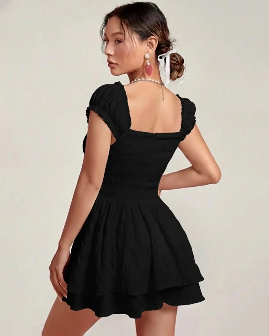 Square Neck Double Layer Short Sleeve Dress In Black - Image 3