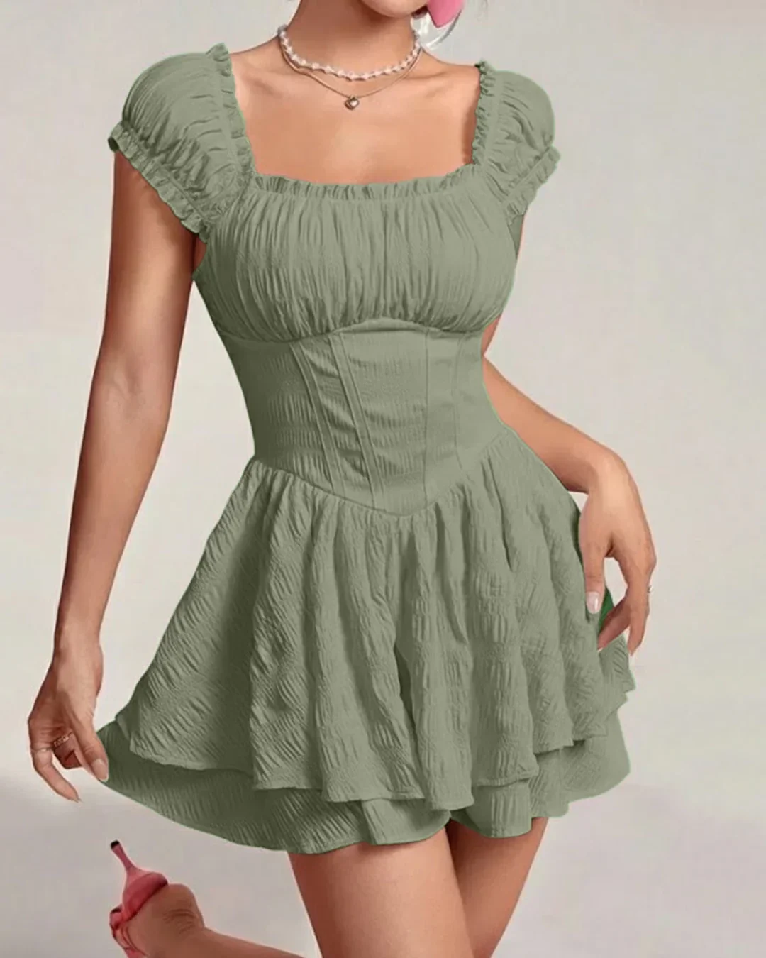 Square Neck Double Layer Short Sleeve Dress In Green - Image 2