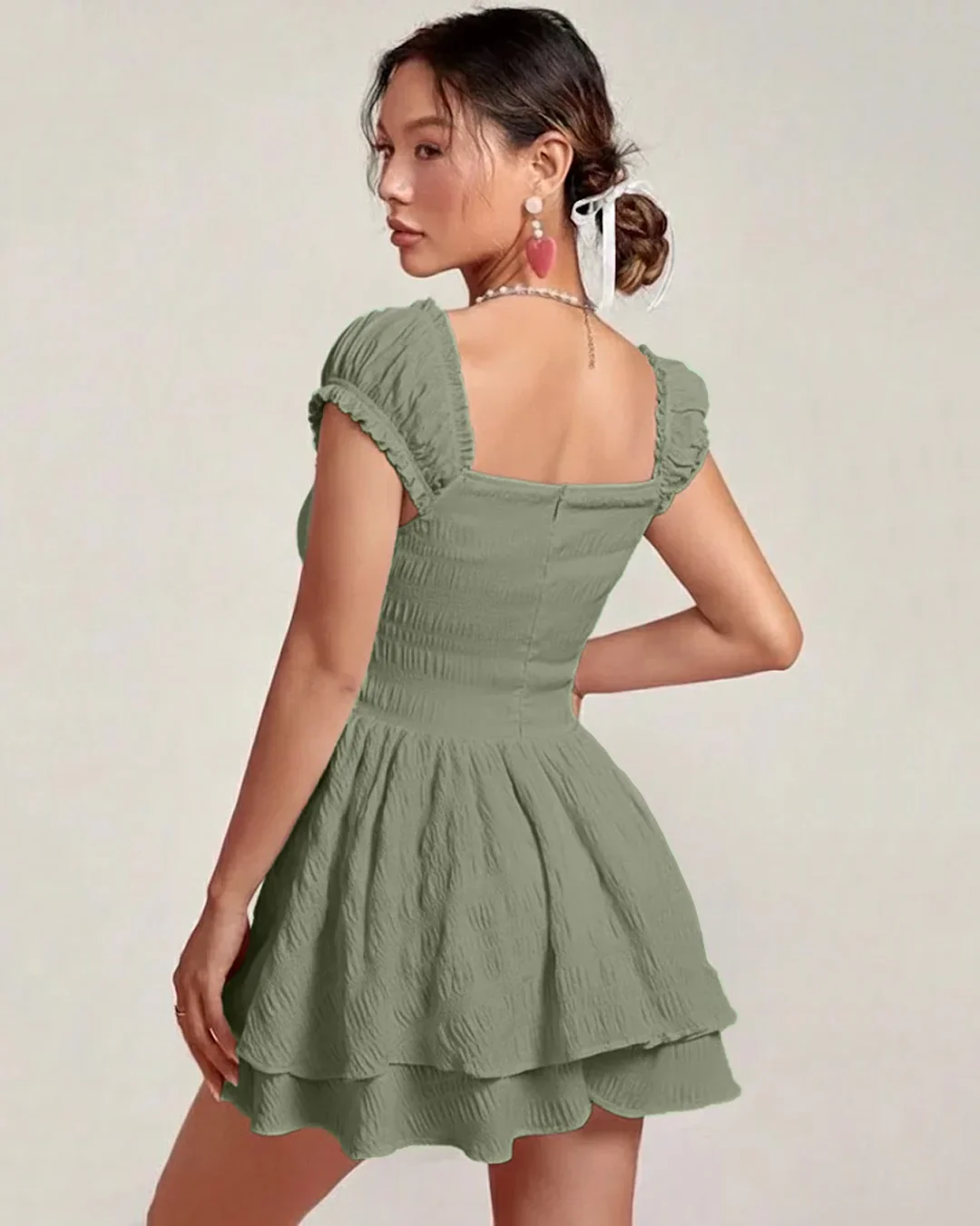 Square Neck Double Layer Short Sleeve Dress In Green - Image 3