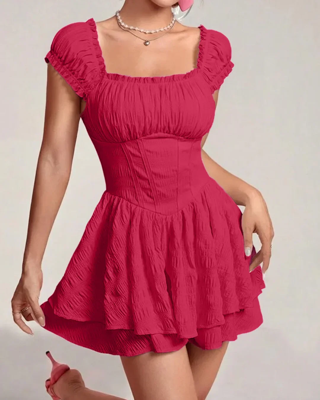 Square Neck Double Layer Short Sleeve Dress In Hot Pink - Image 2