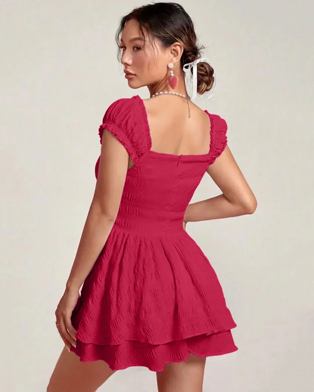 Square Neck Double Layer Short Sleeve Dress In Hot Pink - Image 3