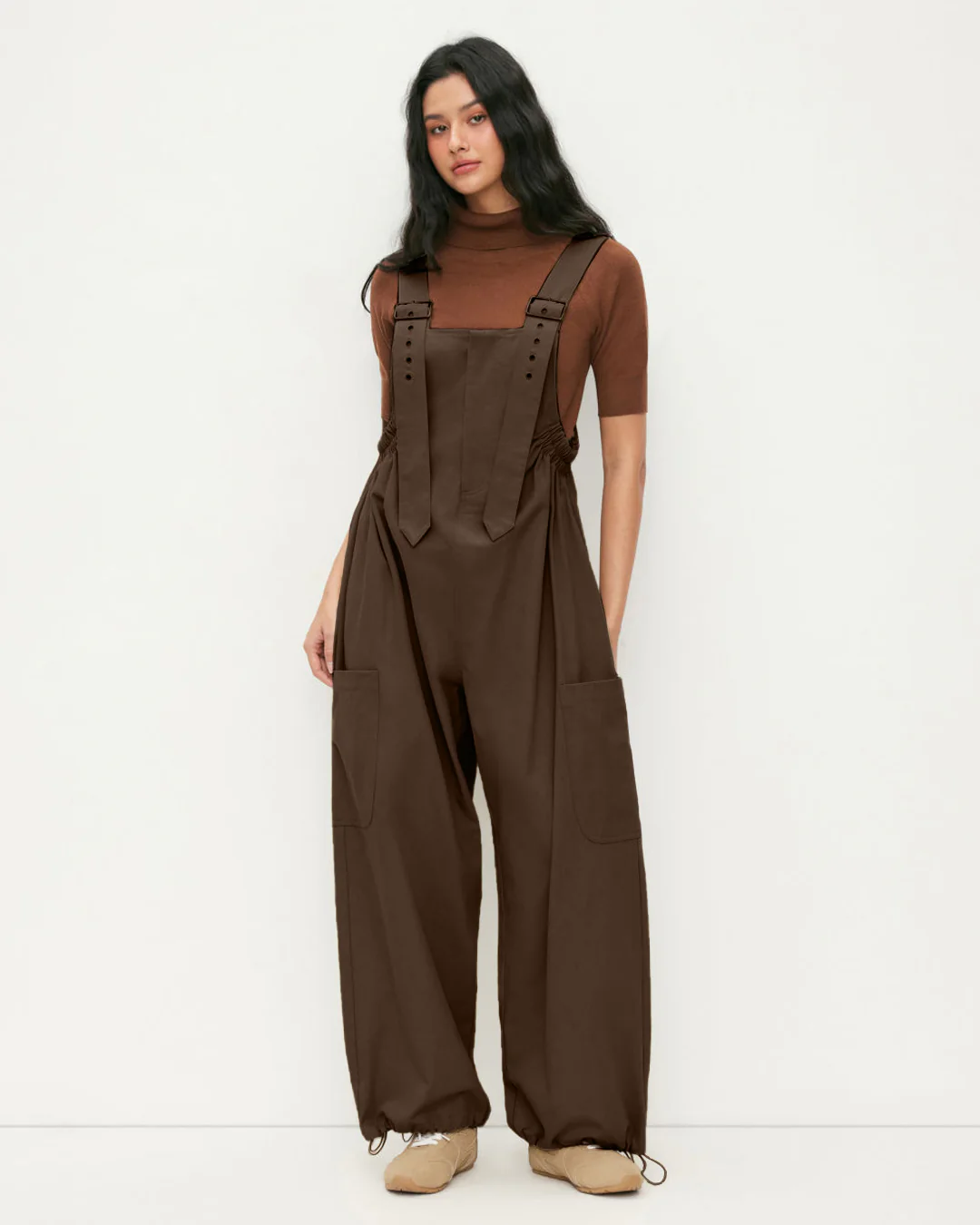 Square Neck Drawstring Wide Leg Jumpsuit in Brown - Image 3