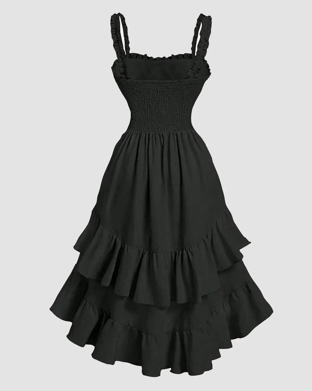 Square Neck Fit and Flare Ruffle Midi Dress in Black - Image 2