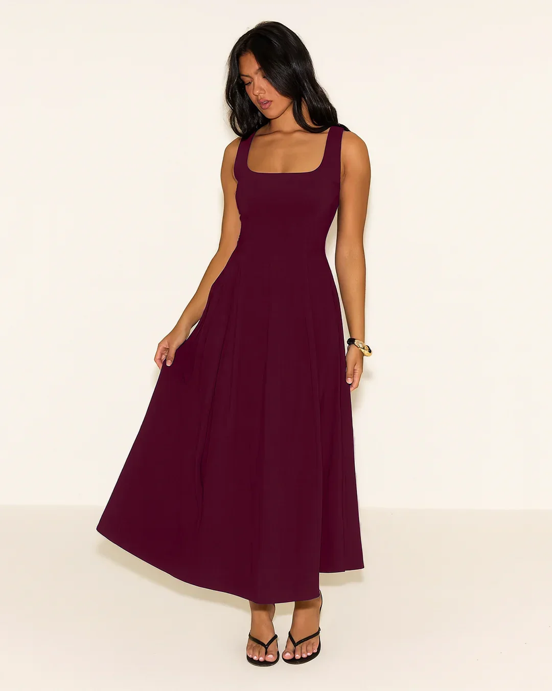 Square Neck Flared Burgundy Maxi Dress - Image 2