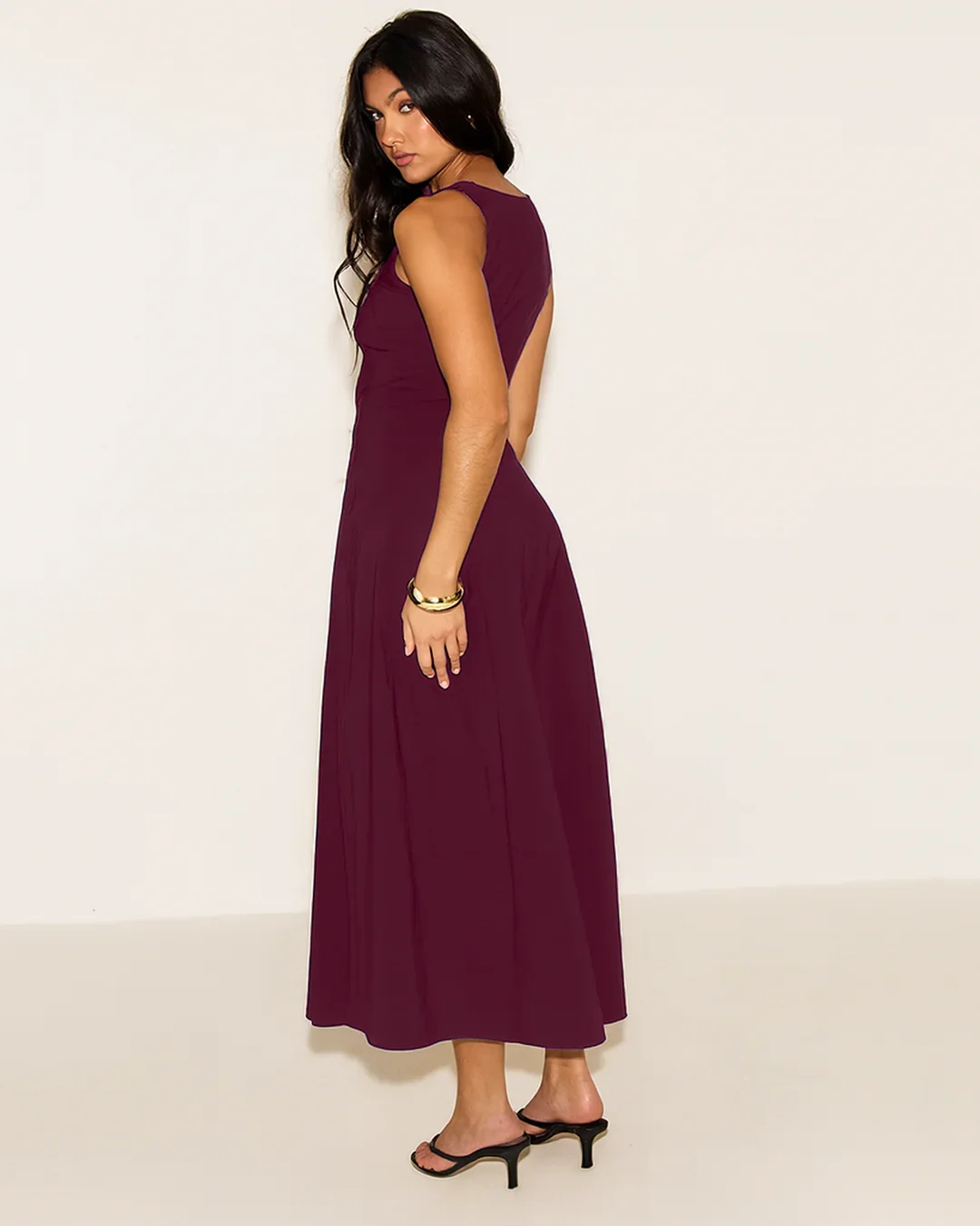 Square Neck Flared Burgundy Maxi Dress - Image 4